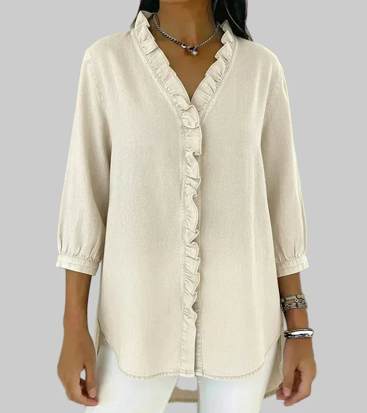 Zara | Women's Ruffle V-Neck 3/4 Sleeve Blouse